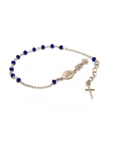 Bracciale rosario in Argento 925 ovale madonna , croce e cristallo blu 16,00 19,00 cm