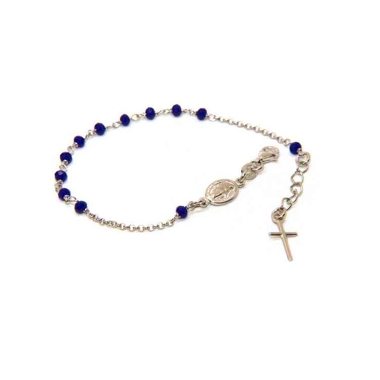 NALBORI Rosary bracelet in 925 silver oval madonna, cross and blue crystal 16.00 19.00 cm
