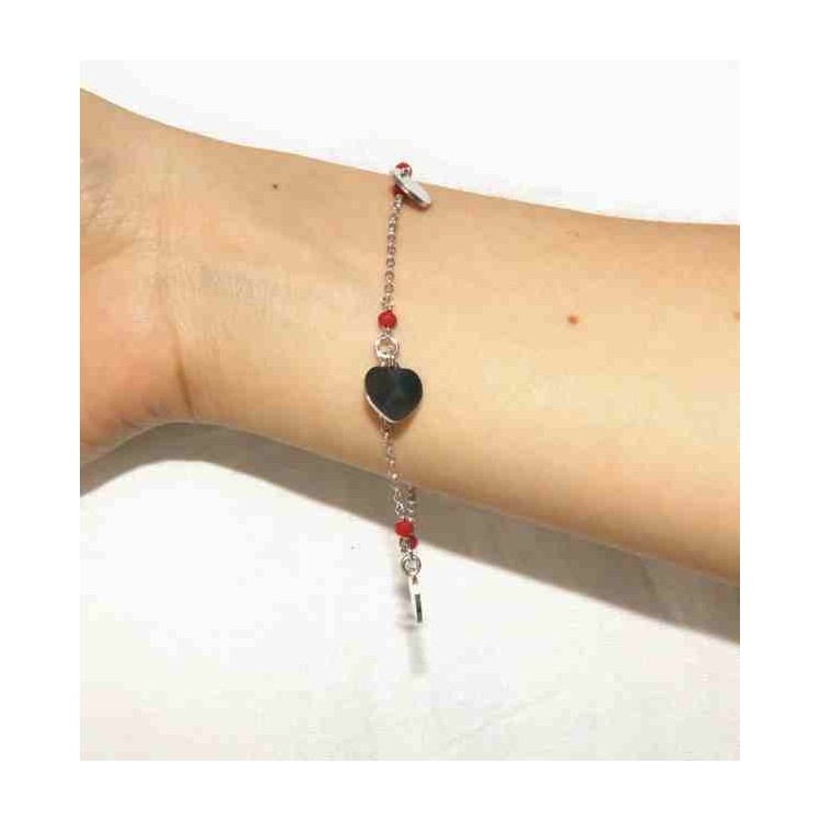 NALBORI Bracciale donna argento 925 con ciondoli cuore e cristallo rosso