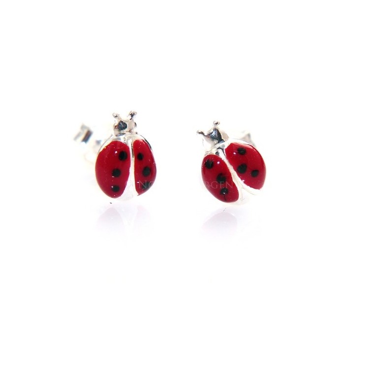 nalbori | Silver 925 Italian: Woman girl earrings with red enamel ladybug with polka dots