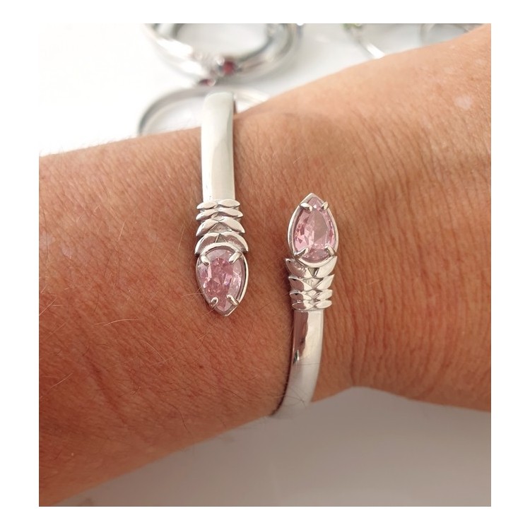 NLB|Bracciale schiava aperto contrarie' zircone rosa goccia 4 griffe argento 925
