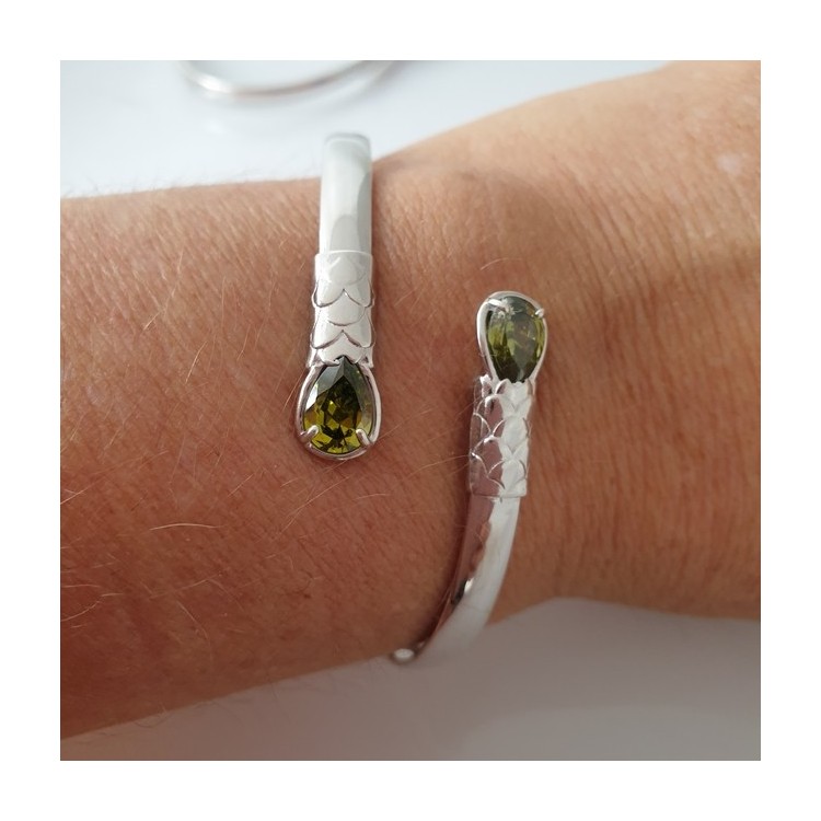 NALBORI | ARGENTO 925 : Bracciale donna schiava aperto contrarie' zircone verde  goccia 2 griffe
