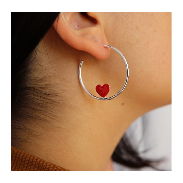 NLB|orecchini argento 925 a cerchio con cuore smaltato 3,5 cm di NALBORI rosso acceso
