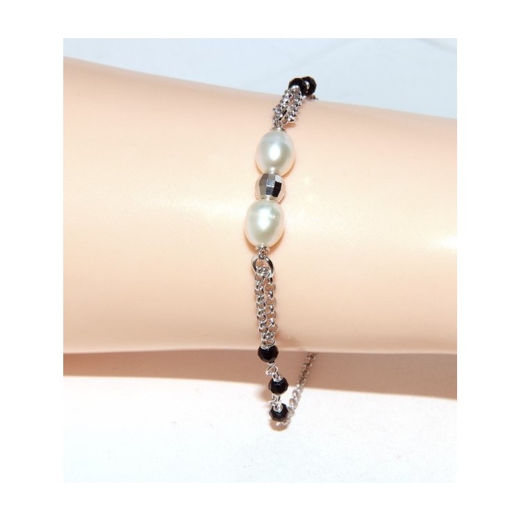 NLB|Rosary bracelet woman in Sterling Silver cultivated pearls and diamond ball 16-19 cm