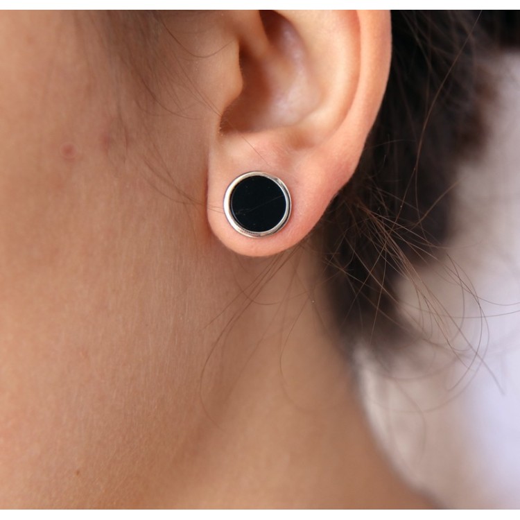 NLB|large round hypoallergenic 925 silver 12mm black onyx button earrings NALBORI