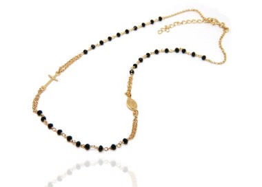 NLB|necklace rosary in 925 silver plated yellow gold with black crystal choker