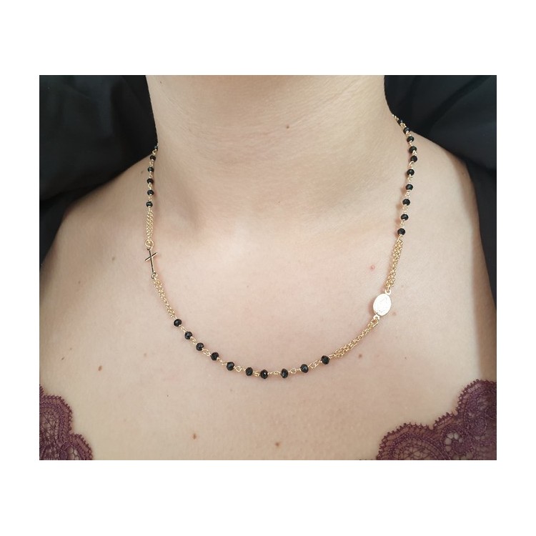 NALBORI rosario a collana in argento 925 bagno oro giallo con cristallo nero girocollo