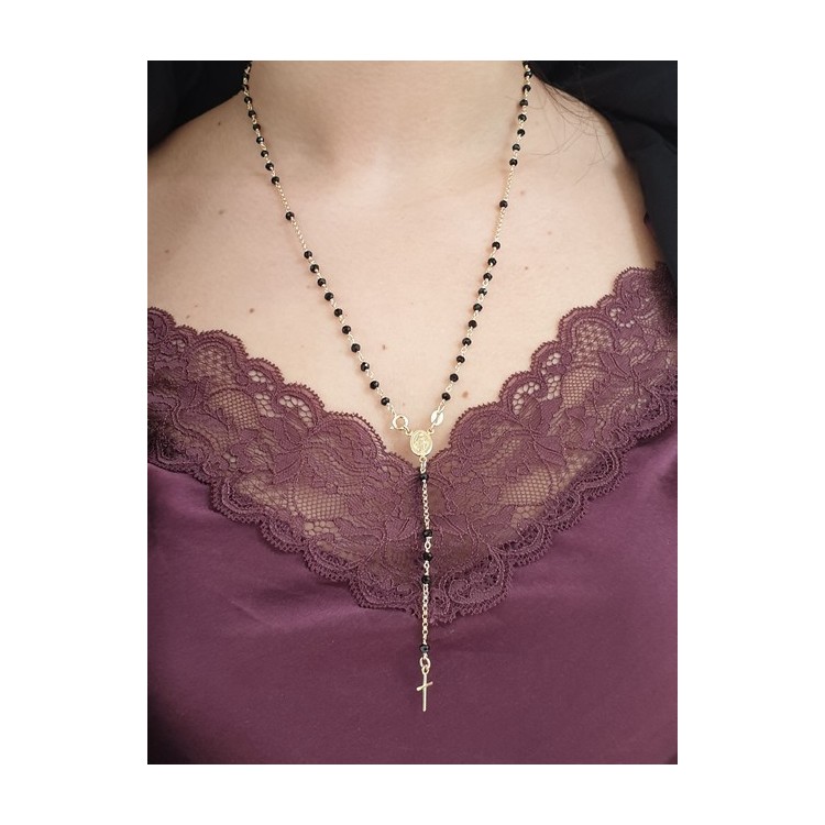 NLB|necklace 925 silver yellow gold plated Y rosary black crystal