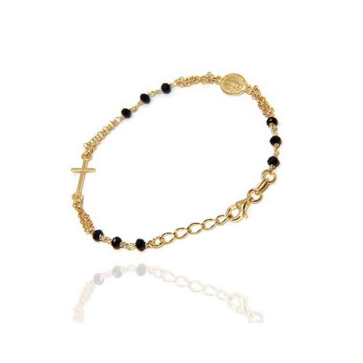 NALBORI Rosary bracelet in 925 silver, yellow gold plated and black crystal