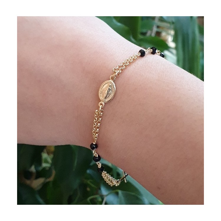 NALBORI Rosary bracelet in 925 silver, yellow gold plated and black crystal