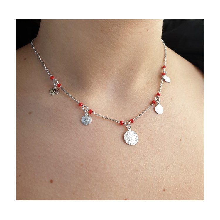 NALBORI Collana donna argento 925 monetine cristallo rosso monete