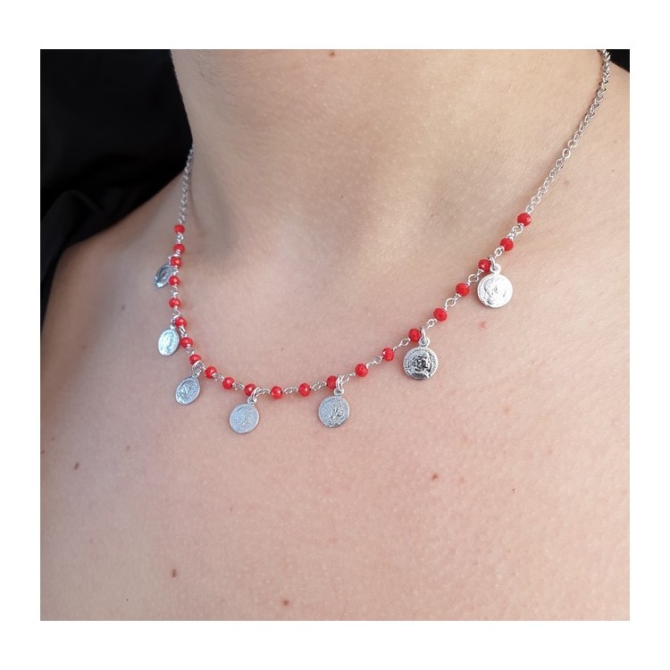 NALBORI Necklace 925 silver coins red crystal Marseille