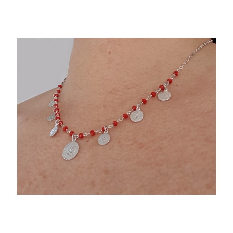 NALBORI Collana donna argento 925 moneta cristallo rosso e monetine