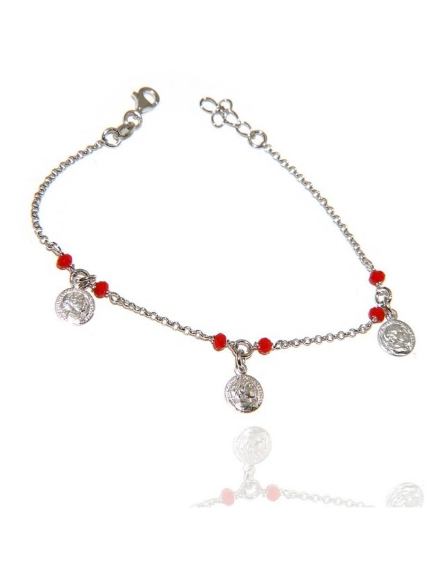 NALBORI Bracciale Argento 925 cristallo rosso con ciondoli monete NALBORI Bracciale Argento 925 cristallo rosso con ciondoli monete