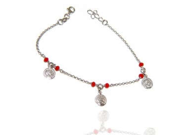 NALBORI Bracciale Argento 925 cristallo rosso con ciondoli monete