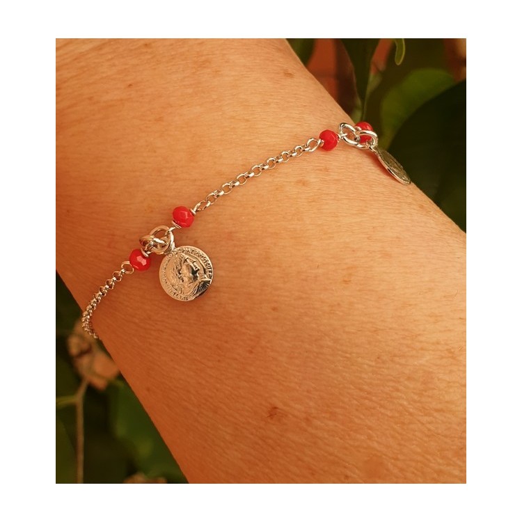 NALBORI Bracciale Argento 925 cristallo rosso con ciondoli monete