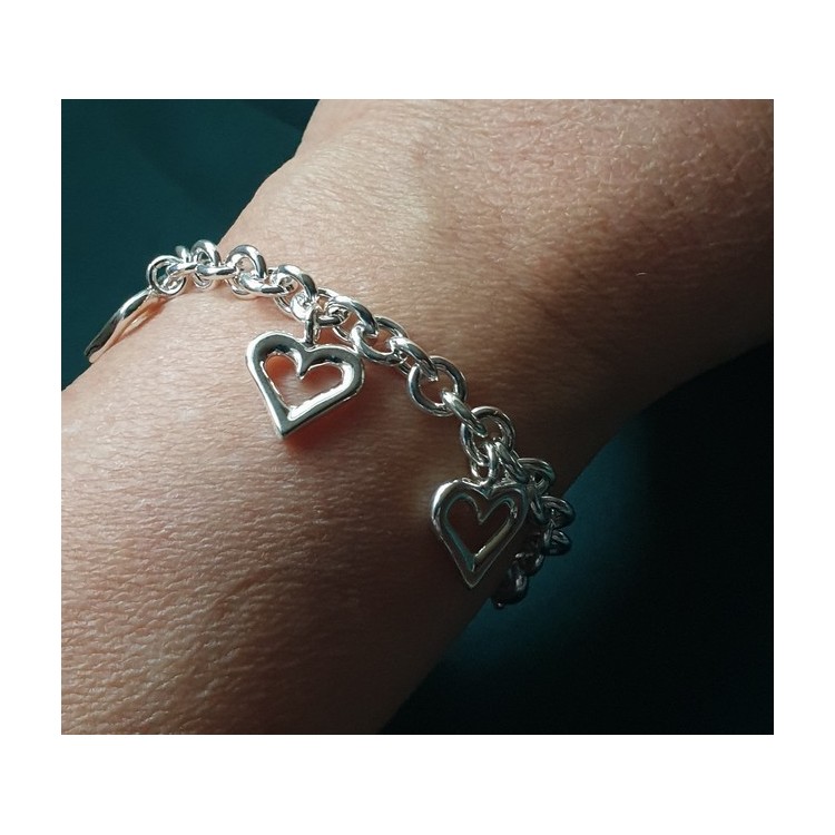 NLB|Argento 925 : Bracciale donna catena rolo' con ciondoli a cuore aperti 17 cm circonferenza NALBORI gioielli