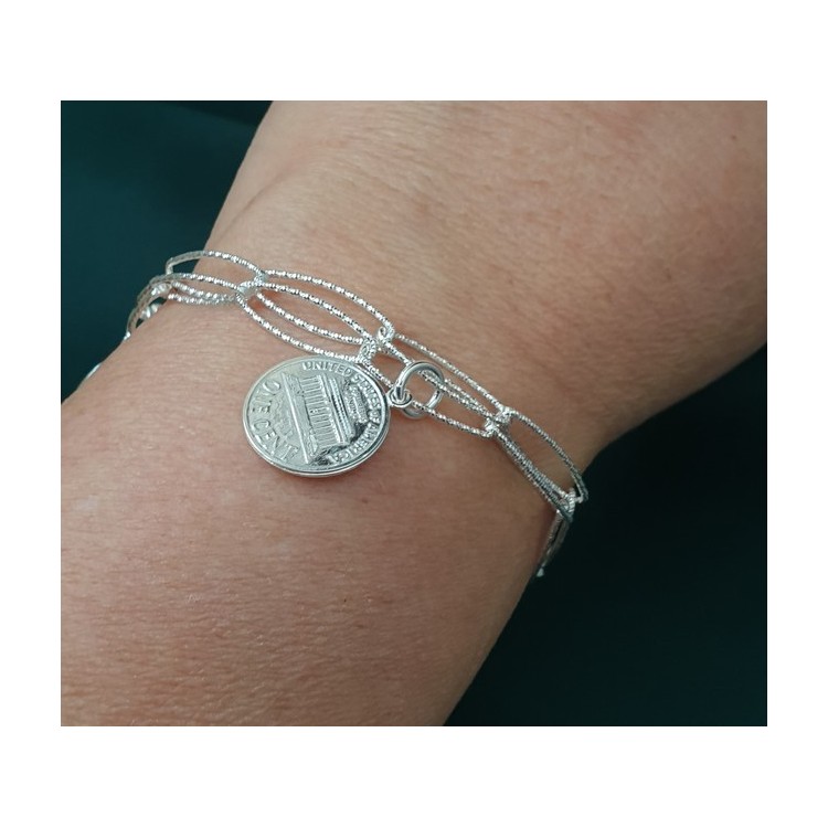 NLB|bracelet made entirely of 925 silver with double diamond chain and coin pendants (US cents)