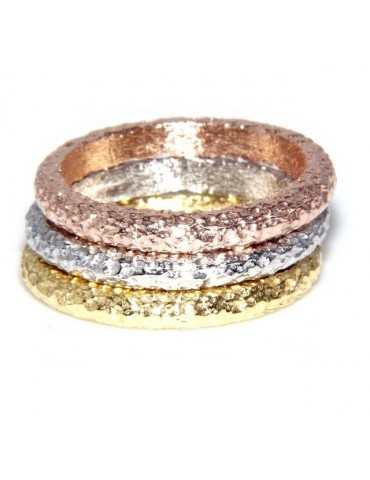 925 Italian: woman ring fusion 3 colors rhodium white gold yellow pink hammered + measures