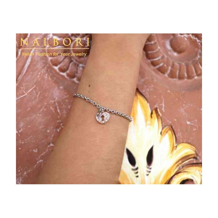 NLB|Bracciale Argento 925 ciondolo cuore lucchetto chiave e zirconi bagno oro rosa