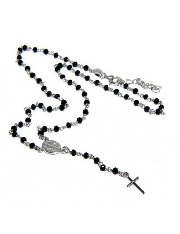 Collana Rosario uomo Argento 925 Con cristallo nero 3/3.5mm croce e madonna 44+5 NALBORI