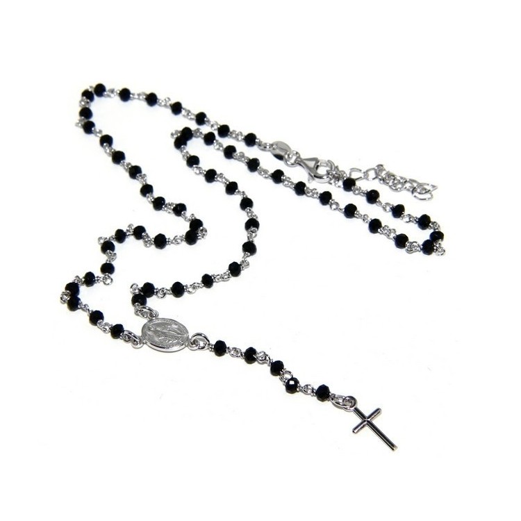 NLB|Collana Rosario uomo Argento 925 Con cristallo nero 3/3.5mm croce e madonna 44+5 NALBORI
