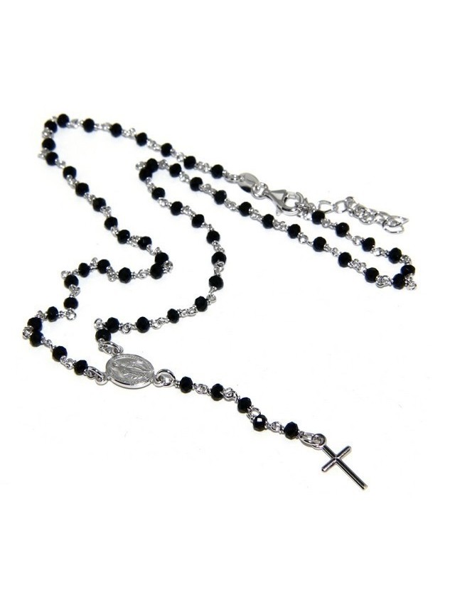 Rosary necklace man 925 With 3.0 / 3.5mm black crystal cross and madonna 44 + 5