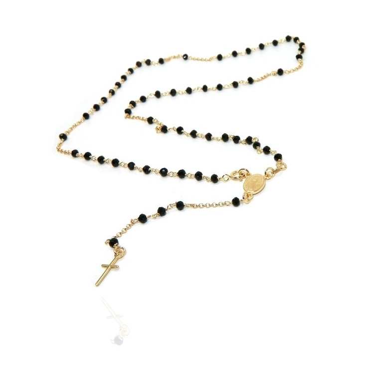 NLB|necklace 925 silver yellow gold plated Y rosary black crystal
