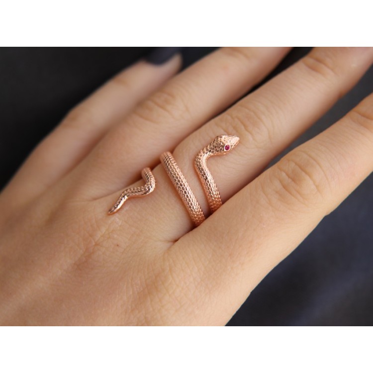 NLB|snake ring 925 silver rose gold plated red zircon NALBORI