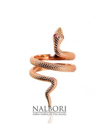Anello serpente in argento 925 bagnato in oro rosa con occhi zirconi rosso rubin