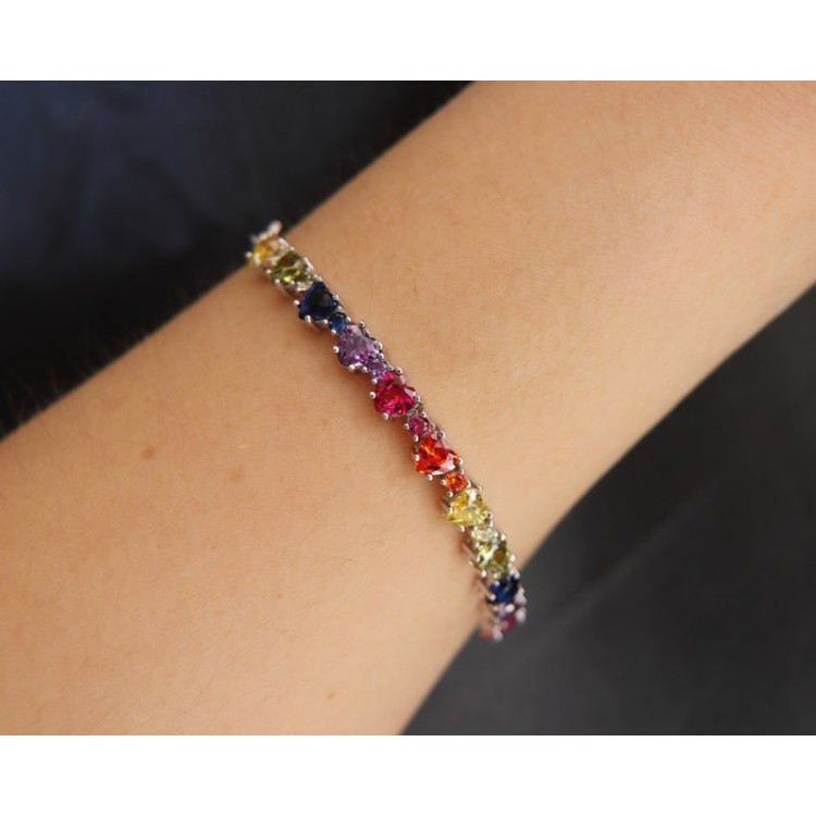 NALBORI Tennis bracelet hearts zircons in 925 silver rainbow