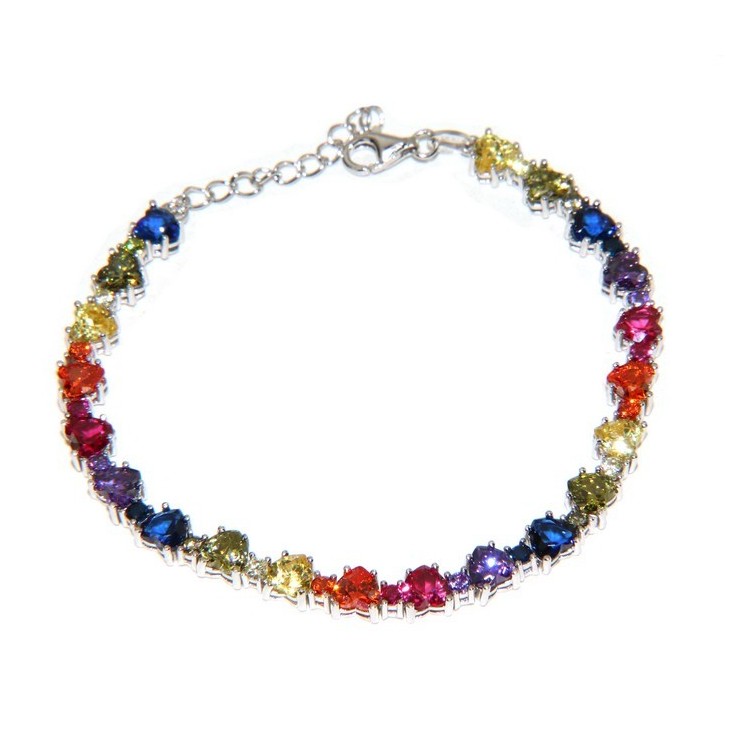 NALBORI Bracciale cuori colorati tennis argento 925 e zirconi arcobaleno
