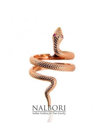 Anello serpente in argento 925 bagnato in oro rosa con occhi zirconi rosso rubin