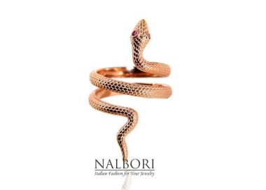 NLB|Anello serpente in argento 925 bagnato in oro rosa con occhi zirconi rosso rubin