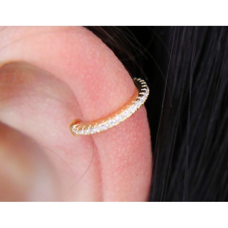 NLB|yellow rose gold plated 925 silver tragus with white colored zircons