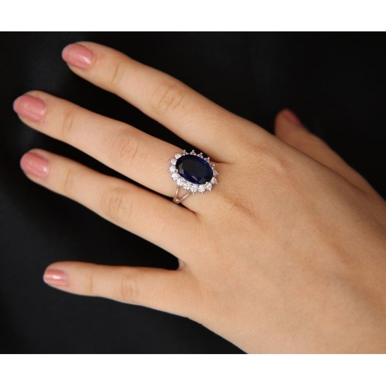 NLB|NALBORI for her, women's 925 silver ring with brilliant sapphire blue oval and round of stones