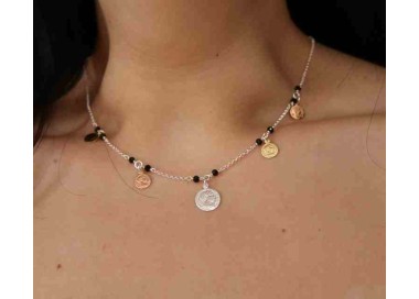 NLB|Collana Argento 925 monete 3 colori e cristallo nero