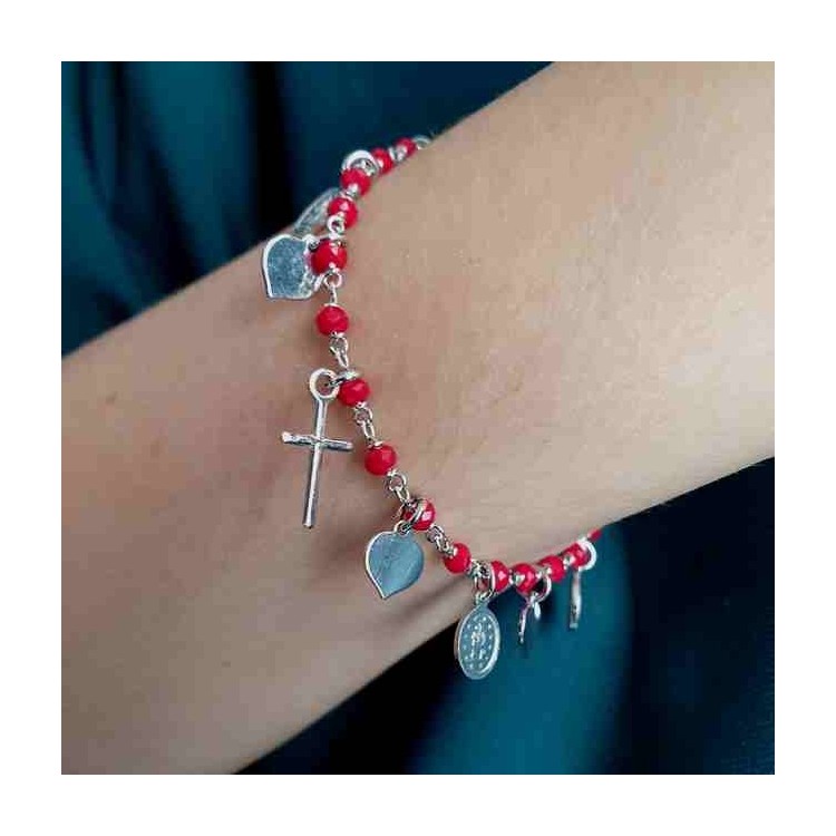 NALBORI 925 Sterling Silver rosary bracelet madonna heart red cross