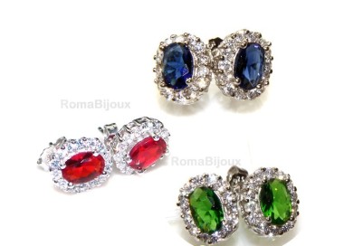 NLB|silver 925 : woman stud button earrings oval stone green blue red 9x7mm zircons