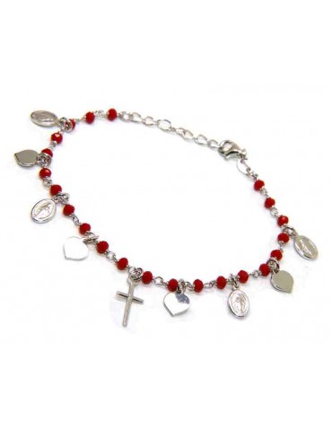Bracciale rosario in Argento 925 madonna cuore croce rosso opaco NALBORI