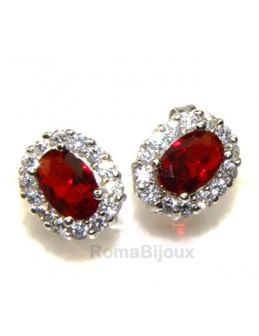 silver 925 : woman stud button earrings oval stone green blue red 9x7mm zircons