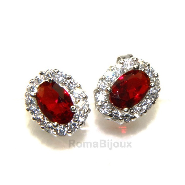 NLB|silver 925 : woman stud button earrings oval stone green blue red 9x7mm zircons