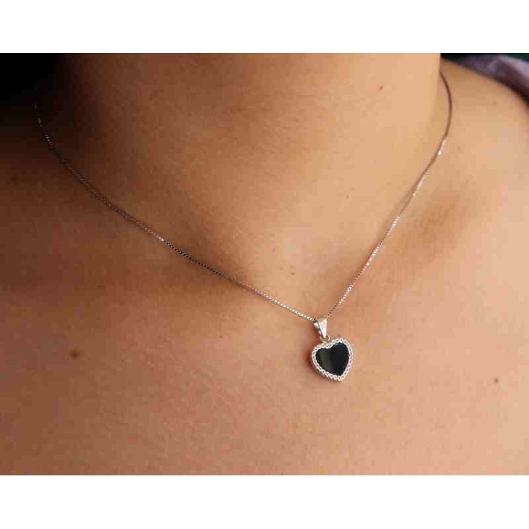 NALBORI complete 925 silver necklace earrings heart onyx zircons