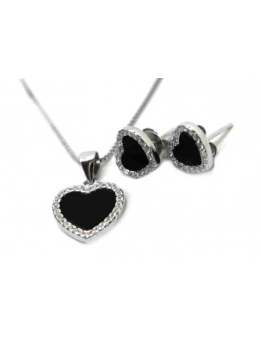 NALBORI orecchini e collana a cuore in argento 925 con onice e giro di zirconi