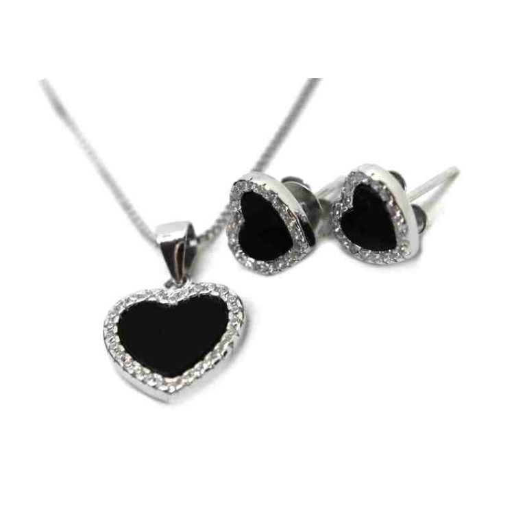 NALBORI complete 925 silver necklace earrings heart onyx zircons