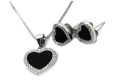 NALBORI complete 925 silver necklace earrings heart onyx zircons