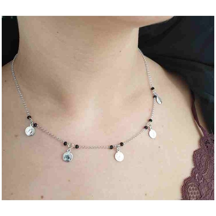 NALBORI Collana Argento 925 monetine cristallo nero marsigliesi