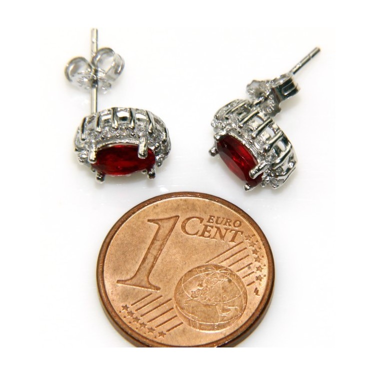 NLB|Argento 925 : orecchini donna stud bottone oval pietra verde blu rossa 9x7mm zirconi
