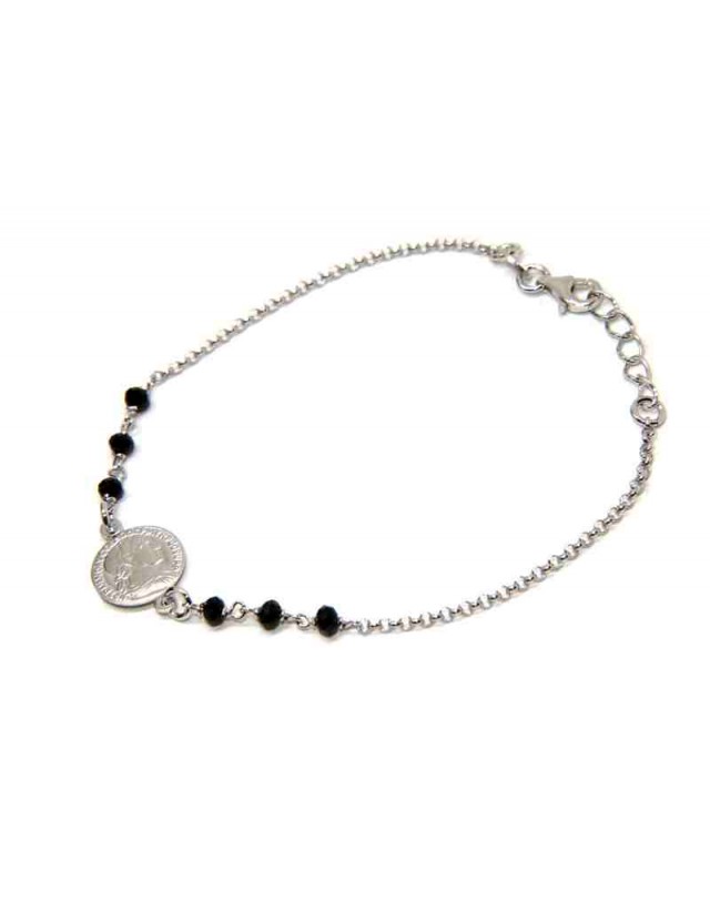 NALBORI Bracciale argento 925 moneta centrale cristallo nero per donna e uomo NALBORI Bracciale argento 925 moneta centrale cristallo nero per donna e uomo