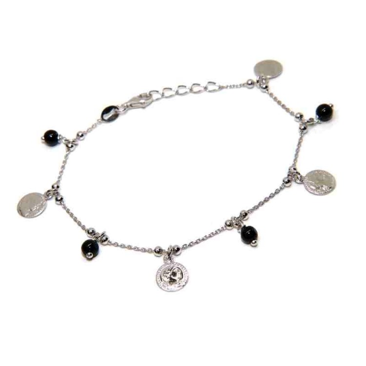NLB|bracelet or necklace 925 silver black pearls and coins pendants